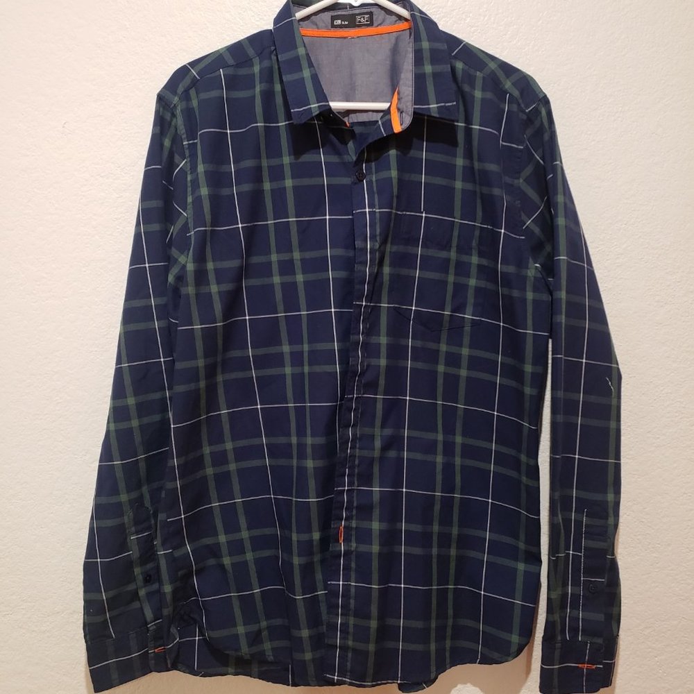 F&F Mens Long Sleeve Button Down Dress Shirt. Glen Plaid. Size XL Slim Fit